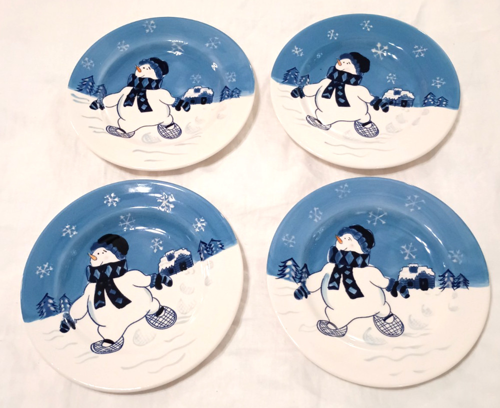 4 Northcrest Hand Painted Christmas Snowman 8" Dessert Plates Blue Set READ